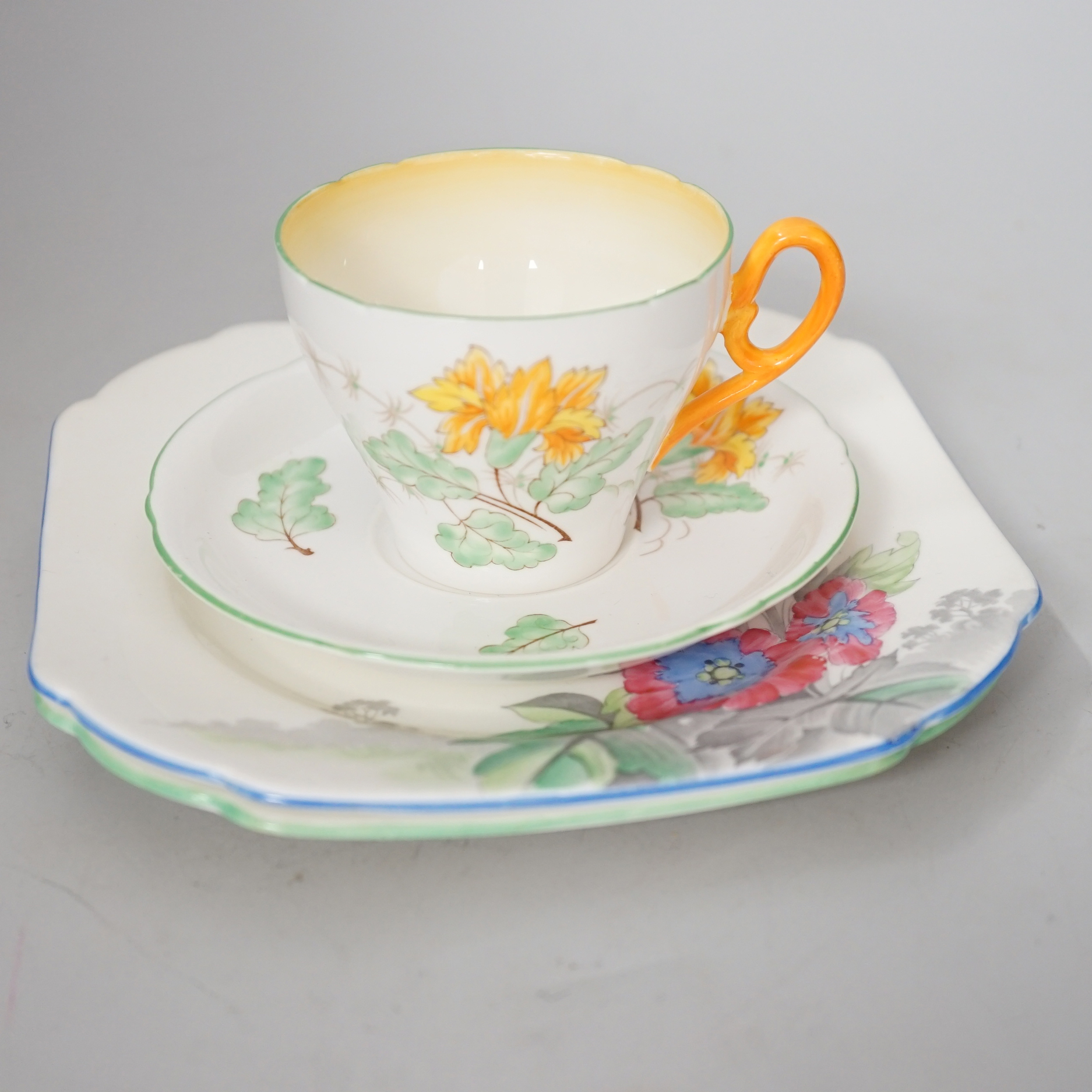 Four Shelley Art Deco trios, and various dishes etc, tallest 12cms high